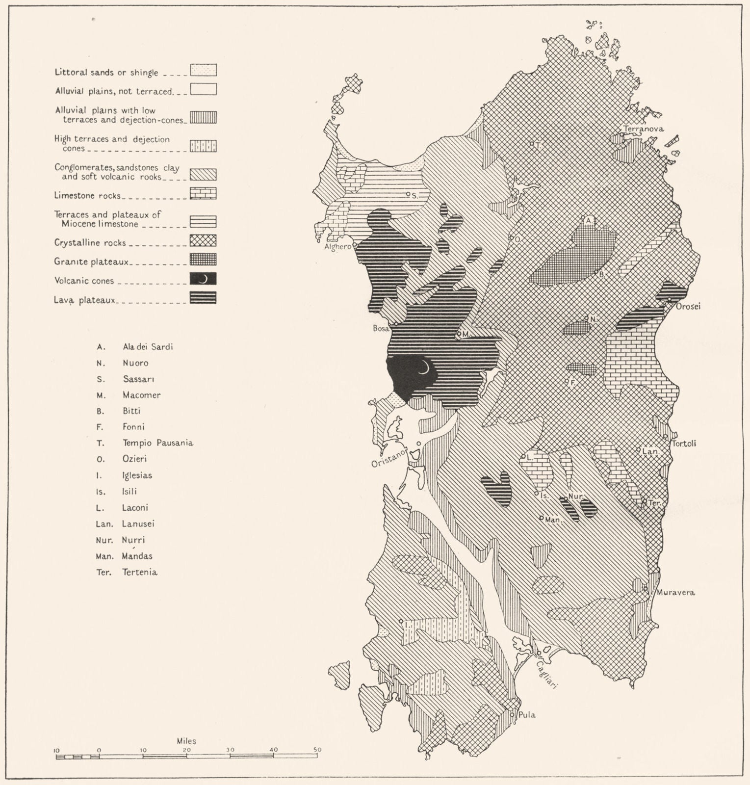 ITALY. Sardinia. Landform types of 1945 old vintage map plan chart